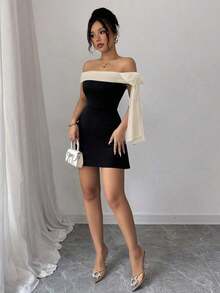 1 pieza Vestido largo elegante de hombros descubiertos para mujer, negro - Negro - Ver 6