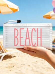 Striped Mesh Beach Bag, Colorful "Beach" Printed Makeup Bag, Beach Theme. Large Capacity Makeup Bag, Nylon Zipper Wash Bag - Lightweight, Can Store Sunscreen, Snacks, Bikinis, Documents, And Beach Essentials. - Multicolor - View 3