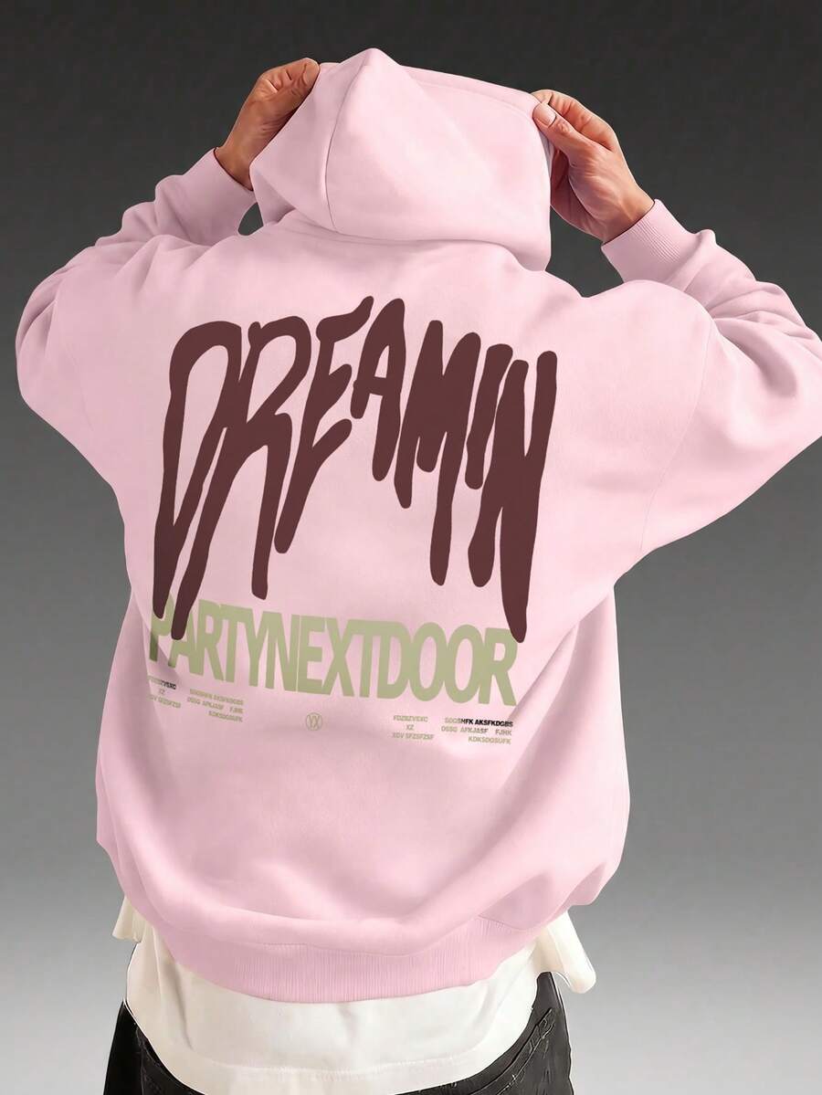 Camvyn Áo hoodie dài tay in chữ dành cho nam, có túi và dây rút, kiểu dáng thường ngày cho mùa thu/đông. - Hồng - Xem 1