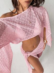 Conjunto de 2 piezas de mujer para primavera/verano con textura de jacquard, blusa tipo chal y minifalda de estilo envolvente, ropa de playa/resort para mujer - Rosa Pálido - Ver 8