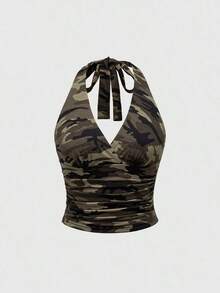 Punk Parte superior con estampado de leopardo y cuello de halter para mujer, escuela - Verde militar - Ver 1