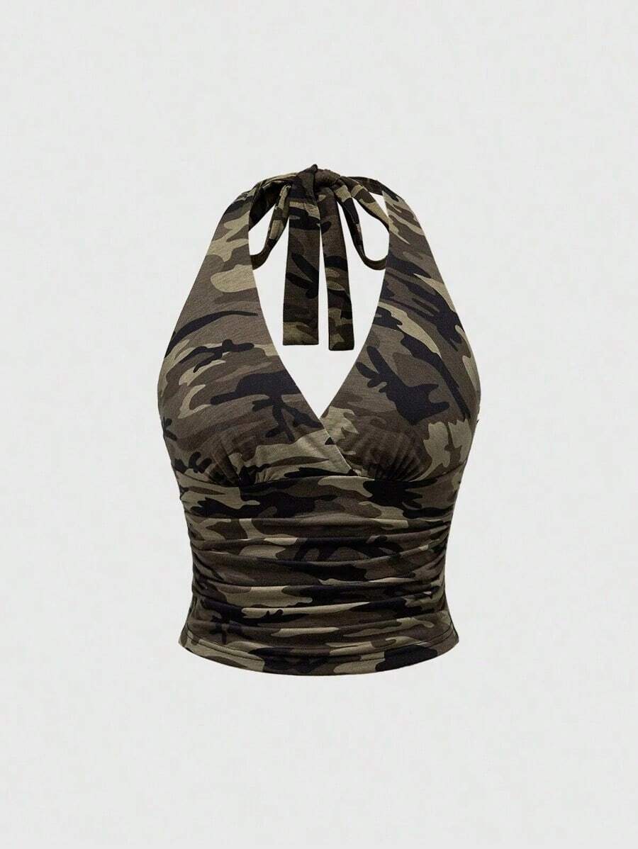 Punk Parte superior con estampado de leopardo y cuello de halter para mujer, escuela - Verde militar - Ver 1