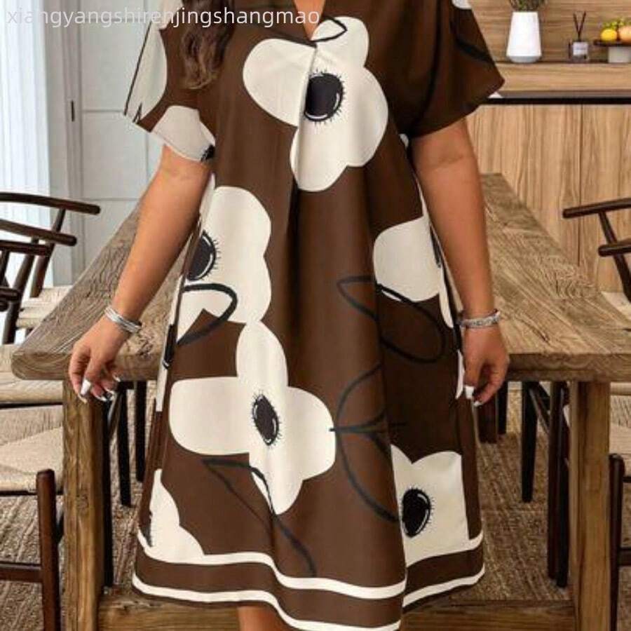 Plus Size Summer Casual Floral Print Dress - Marrón - Ver 1
