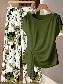 Conjunto de 2 piezas casual de blusa con lazo de estampado de leopardo en contraste y pantalones rectos sueltos - Multicolor 11 - Ver 4