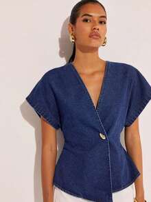 Denim Blusa de mezclilla de manga de murciélago con un solo botón de moda para mujer, de verano - Azul marino - Ver 3