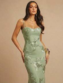 Vestido de tirantes finos maxi ajustado y elegante con diseño floral 3D en color marrón, adecuado para invitada de boda en otoño, fiesta, cóctel, noche, Navidad.Vestido maxi ceñido y con espalda descubierta, apropiado para fiesta de ot - verde menta - Ver 7