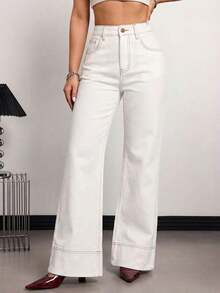Tall Jeans de tiro alto, de pierna ancha y holgados, con bolsillos, versátiles, para uso casual en verano y primavera, elegantes para bodas y el Día de San Valentín - Blanco - Ver 7