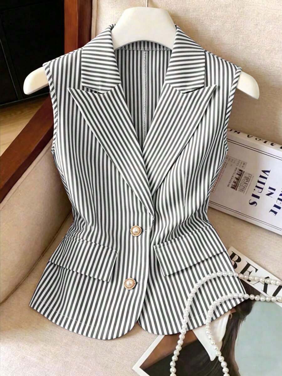 Chaleco de traje delgado con botones y rayas para mujer - Negro - Ver 1