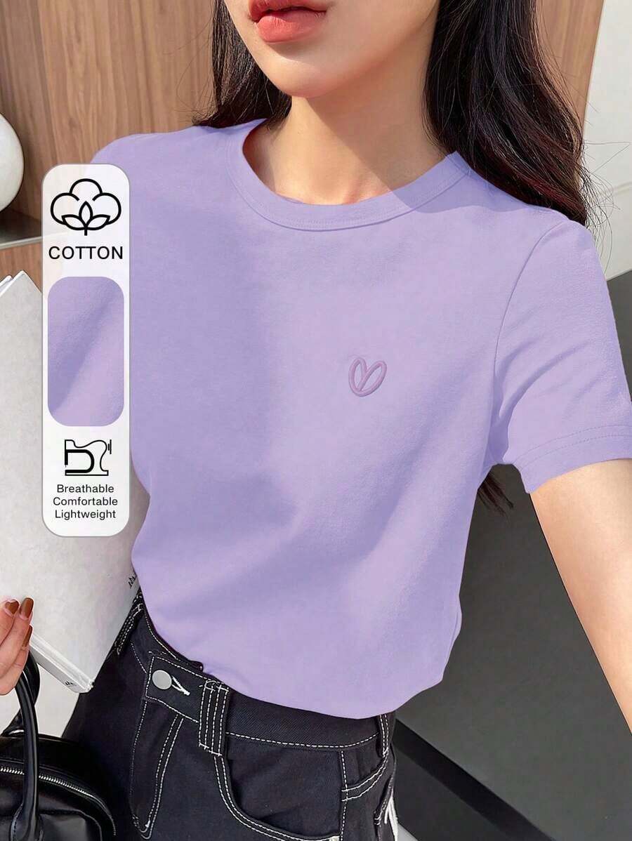 Y2K Style, Modern Style, The Newest Of 2026, Cute Style, Casual Style. Women's Loose-Fitting Casual Summer T-Shirt With Embroidered Heart And Letter Pattern, Red, 180g (S-XXXL) - 紫羅蘭色 - 查看 1