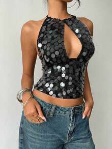 Nuevo camisol de tirantes finos con espalda descubierta y lentejuelas rosas para mujer, elegante y sexy, ideal para el Día de San Valentín, fiestas y viajes - Negro - Ver 8