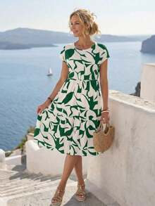 Vestido corto con cuello redondo y manga corta de estampado geométrico, casual para mujer, adecuado para primavera/verano - Verde - Ver 3