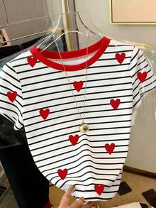 Camiseta de mujer de manga corta con cuello redondo, estampado de fresas y rayas, de estilo casual para el verano - Multicolor - Ver 3
