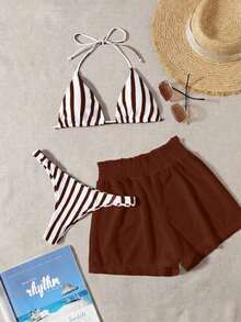3 piezas de bikini - Bottom a rayas azul y blanco, shorts de cubrir blancos, ropa de playa casual para vacaciones de primavera/verano, fiesta en la playa - Café integral - Ver 6