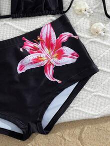 Traje de baño con estampado floral de moda: Top de bikini tipo camiseta con estampado de loto negro + Bottom de traje de baño de talle alto - Conjunto de traje de baño elegante y cómodo para vacaciones de verano, playa y uso en resort en color rojo - Negro - Ver 7