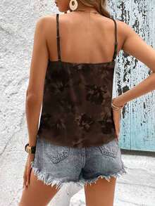 Camiseta de mujer de unicolor con encaje de contraste, suelta.Outfit casual de mujer, ideas de outfit, de outfit, outfits de verano de mujer, blusas de mujer para el verano, top de verano de mujer, top marrón de tirantes - Multicolor 3 - Ver 3