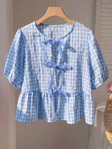 Camiseta de mujer de manga corta, moda sencilla y casual para uso diario - Azul - Ver 5