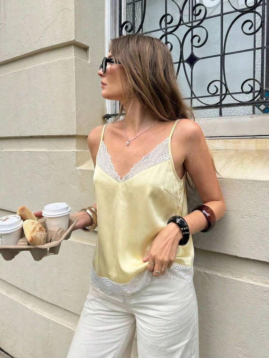 Camiseta de tirantes de mujer de unicolor con encaje de contraste - Amarillo claro - Ver 1
