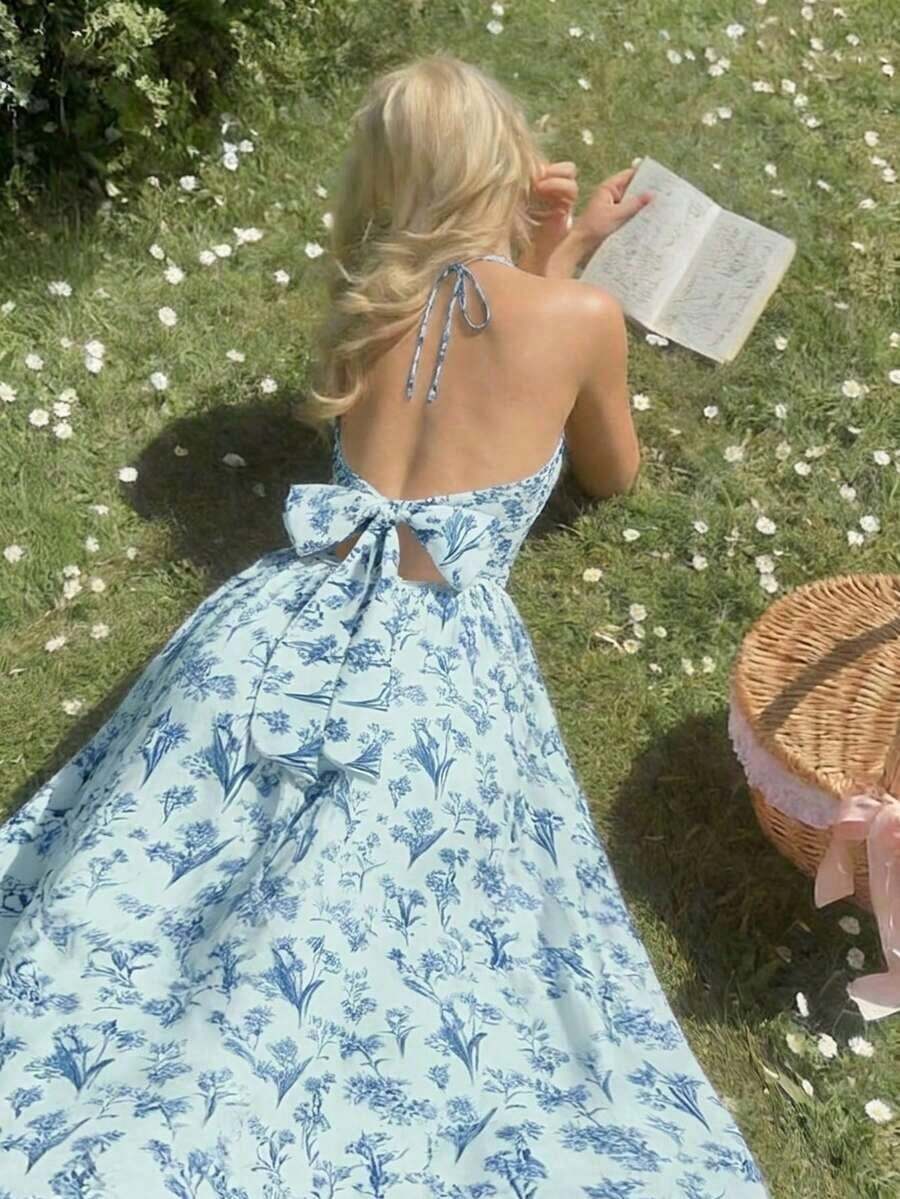 Vestido de verano con estampado floral elegante y lazo en la cintura para mujer - verde menta - Ver 1