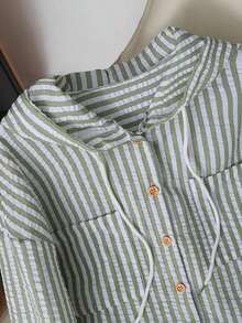 Camisa con capucha holgada con cordón de rayas azules y blancas para mujer, nueva para primavera/otoño - Verde Oliva - Ver 4