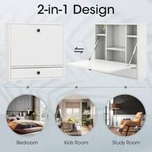 Folding Wall Table - Floating Desk With Storage Drawer & Shelves (White) - White - View 7