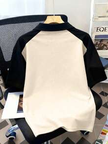 American Retro Letter Print Raglan Sleeve Polo Shirt, Suitable For Spring/Summer, Boys' Style - Apricot - View 2