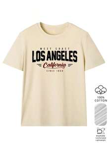 Solt 1pscCamiseta de manga corta de estilo casual y holgado con cuello redondo, con estampado de eslogan de Los Ángeles, de estilo de vacaciones, adecuada para uso diario y de vacaciones100%cotton graphic - Albaricoque 2 - Ver 2