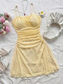 Vestido mini de línea A con tirantes de espagueti rosa y romántico Ditsy Floral para mujer, adecuado para fiesta, cita, San Valentín, Pascua, carnaval, crucero por la playa, Afternoon vestido de moda para té, primavera/verano - Amarillo - Ver 1