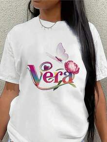Camiseta ligera y duradera con diseño Vera Butterfly Rose, ideal para salidas informales en casa, trabajo o actividades al aire libre, proporcionando un ajuste cómodo para el uso diario - Blanco - Ver 2