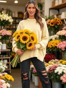 Women's Ribbed Knit Sweater With Long Sleeves And Crew Neck - Winter - Apricot - View 5