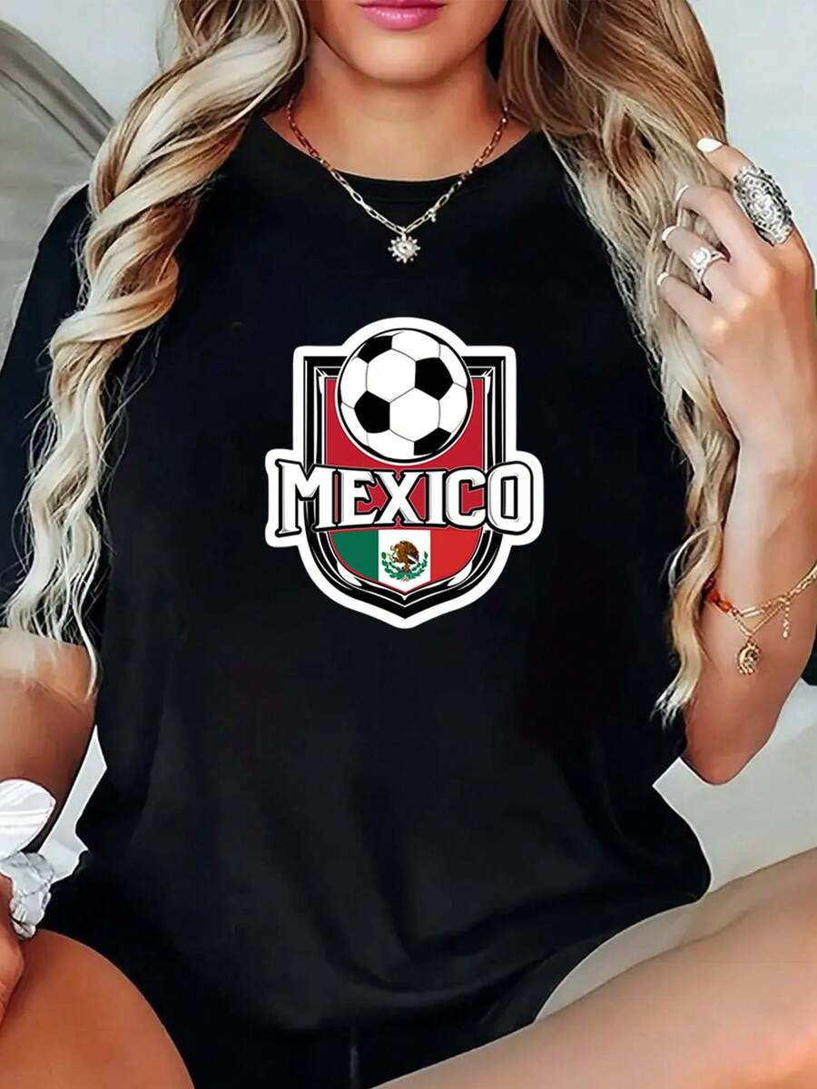 One piece,blusas de mujer blusas bonitas para mujeres ropa de mujer conjuntos para mujer,Almacen local 180g camiseta negra y blanca diseño de fútbol mexicano alta calidad de impresión cuello redondo corte holgado casual diario unisex transpirable versátil lavable a máquina cómoda tallas S ~ 2XL ideal para uso diario casual deportes y todas las estaciones México selección. - Negro - Ver 1
