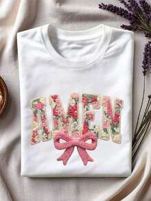 1 Piece Coquette Amen Synthetic Yarn Crochet T-Shirt, Christian Floral Knit Shirt, Retro Floral Religious Round Neck, Short Sleeve Boho Cottagecore Style. GA420180g 100% Cotton - 白色 - 查看 4