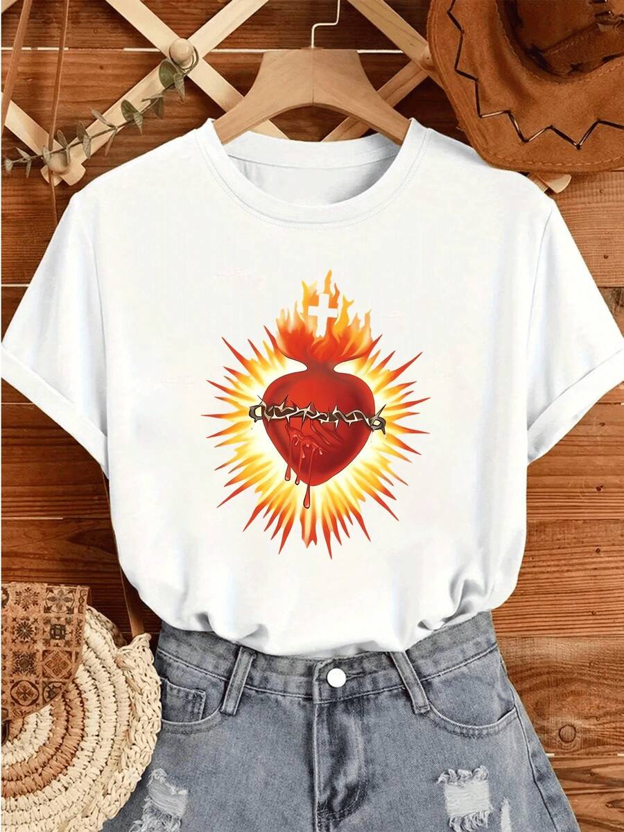 1 Camiseta de Moda Casual para Hombre y Mujer, Estampada con Corazón de Fuego y Corona de Espinas, Diseño Original y Moderno, Ideal para Uso Diario y Ocasiones Especiales. Versátil, fácil de combinar, adecuada para el uso cotidiano, estilo urbano, conjuntos de vacaciones, conjuntos de fin de semana. - Blanco - Ver 1