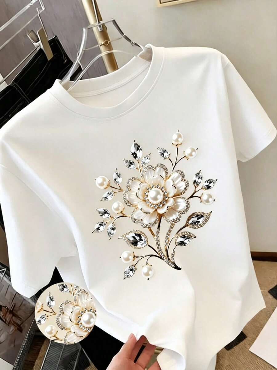 Women's Fashion T-Shirt 2026, Pearl Floral Print - Y2K Style, Elegant, Excellent Gift, Casual Round Neck Top - Lightweight, Comfortable, Ideal Choice For Spring/Summer Wardrobe. Breathable And Comfortable. - 白色 - 查看 1