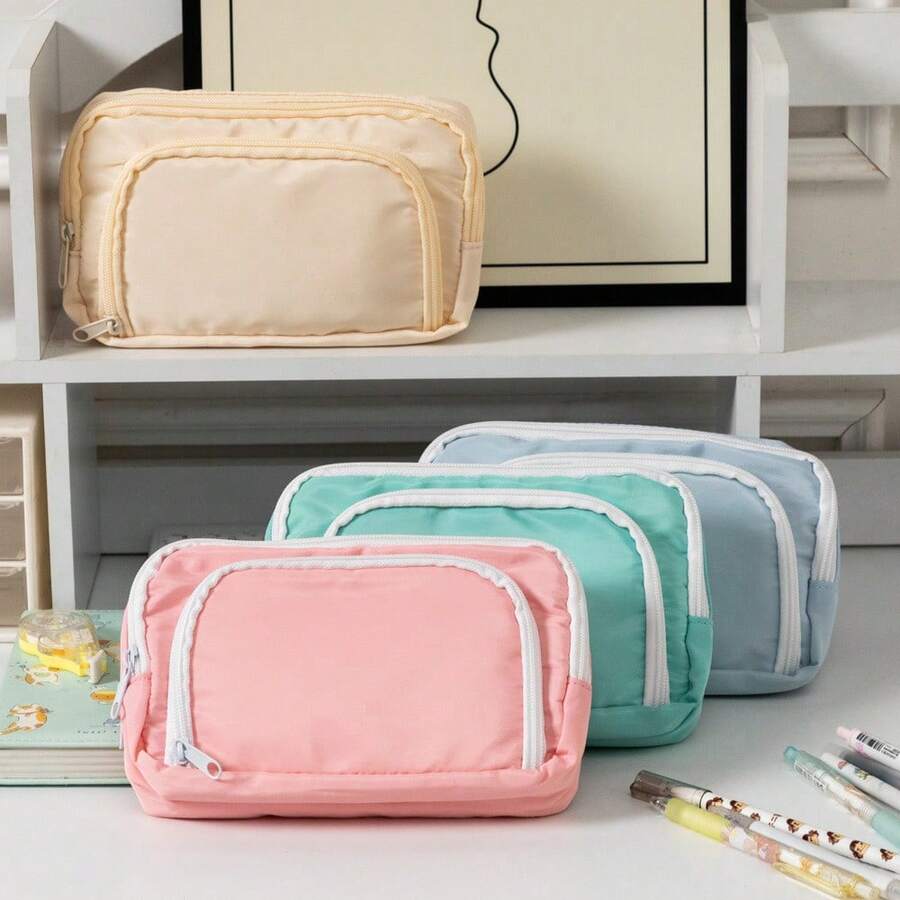 1pc Stationery Bag Cream Color Pencil Case Large Capacity 3 Compartments Storage Pouch For Office School Student , Back To School Gifts - 純色 - 查看 1