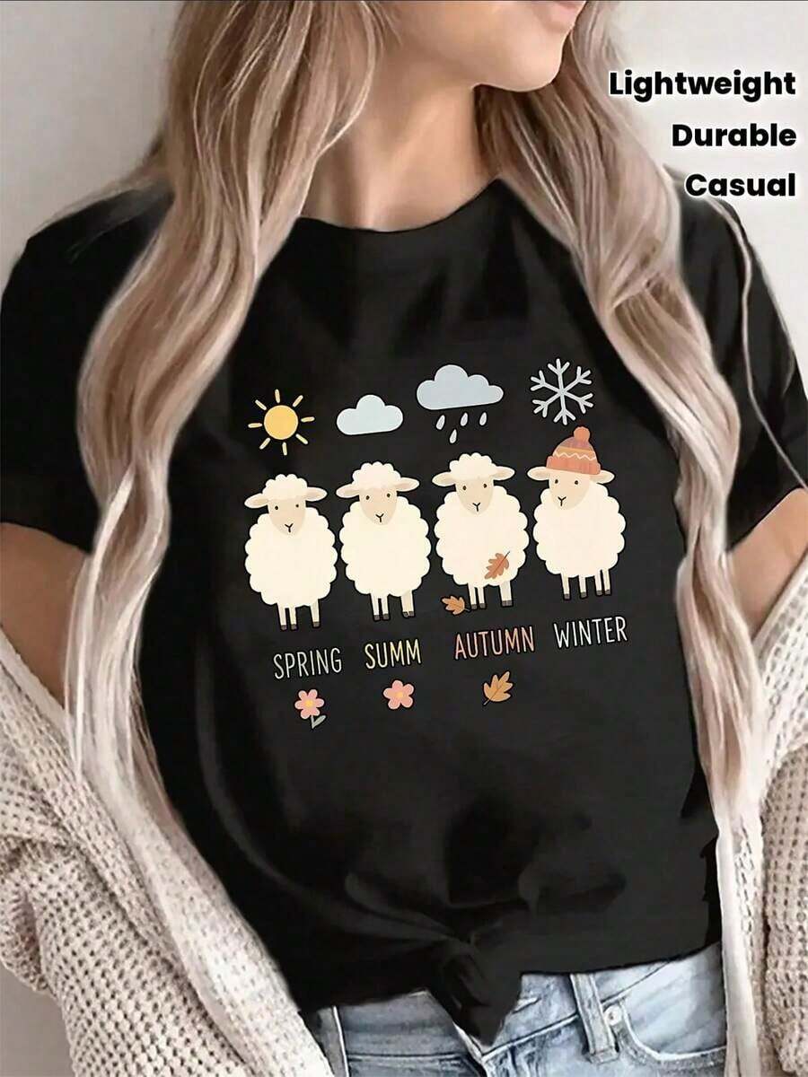 LooseKickHaus - Camiseta de manga corta ligera y duradera con un adorable diseño de oveja para todas las estaciones, perfecta para uso casual en casa, en la oficina o al aire libre, con estampados suaves que representan primavera, verano, otoño e invierno. Camiseta de algodón para mujer, transpirable y absorbente de sudor, de manga corta para verano. - Negro - Ver 1