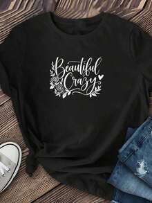 Loose Women's Short Sleeve T-Shirt With "Beautiful And Wild" Letter Print | Fashionable Casual Fabric, Medium Stretch, Machine Washable, Crew Neck, Regular Fit, Suitable For Everyday Wear And Lounging At Home. Cotton Women's T-Shirt, Breathable And Sweat-Absorbent Summer Short Sleeve - 黑色 - 查看 11