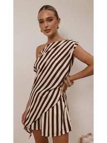 Women's Striped/Print One Shoulder Wrap Top & Shorts Set, Asymmetrical Two-Piece Outfit, Casual Summer Vacation Co-Ord, Multi Colors Available - Coffee Stripes - View 2