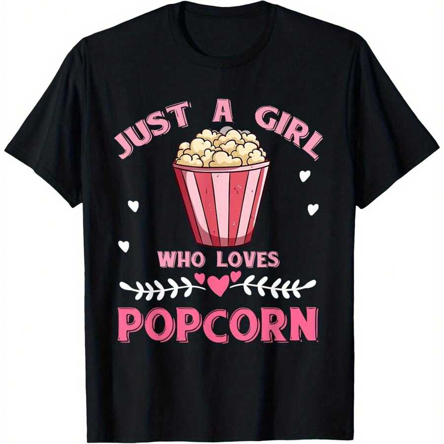Graphic T-Shirt "Just A Who Loves Popcclothesn" - Clothesg Premium Clothes Round Neck With Vibrant Popcclothesn And Hearts Clothes, Shclothest Sleeve - 黑色 - 查看 1