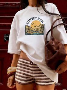 Short-Sleeve T-Shirt With Wave And Seagull Print, Fashionable Short-Sleeve T-Shirt For Spring And Summer 2026, Made In Mexico, 180 Grams. Cartoon Print, Couple Design, Suitable For Indoor Or Outdoor Wear. Crew Neck, Unisex, Ideal For Office And Leisure. One-Piece Pack. - WH-P631577SLNDXZGY421 - 查看 3