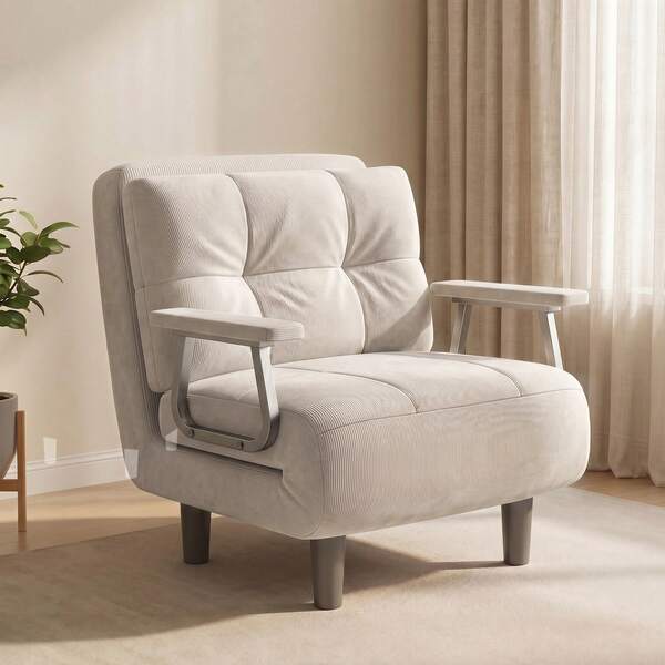 Verstellbares Cord-Bürosofa mit Schlaffunktion, silberfarbenen Armlehnen, 5-in-1-Funktion (Sitz-/Liegeposition), ideal für Büro und Empfang – einfach zu montieren (Maße: 60 x 77 x 50 cm)