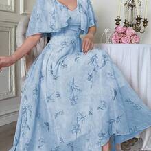 V-Neck Shawl Design Waist Cinched Flared Floral Print Chiffon Dress For Women - Azul - Ver 8