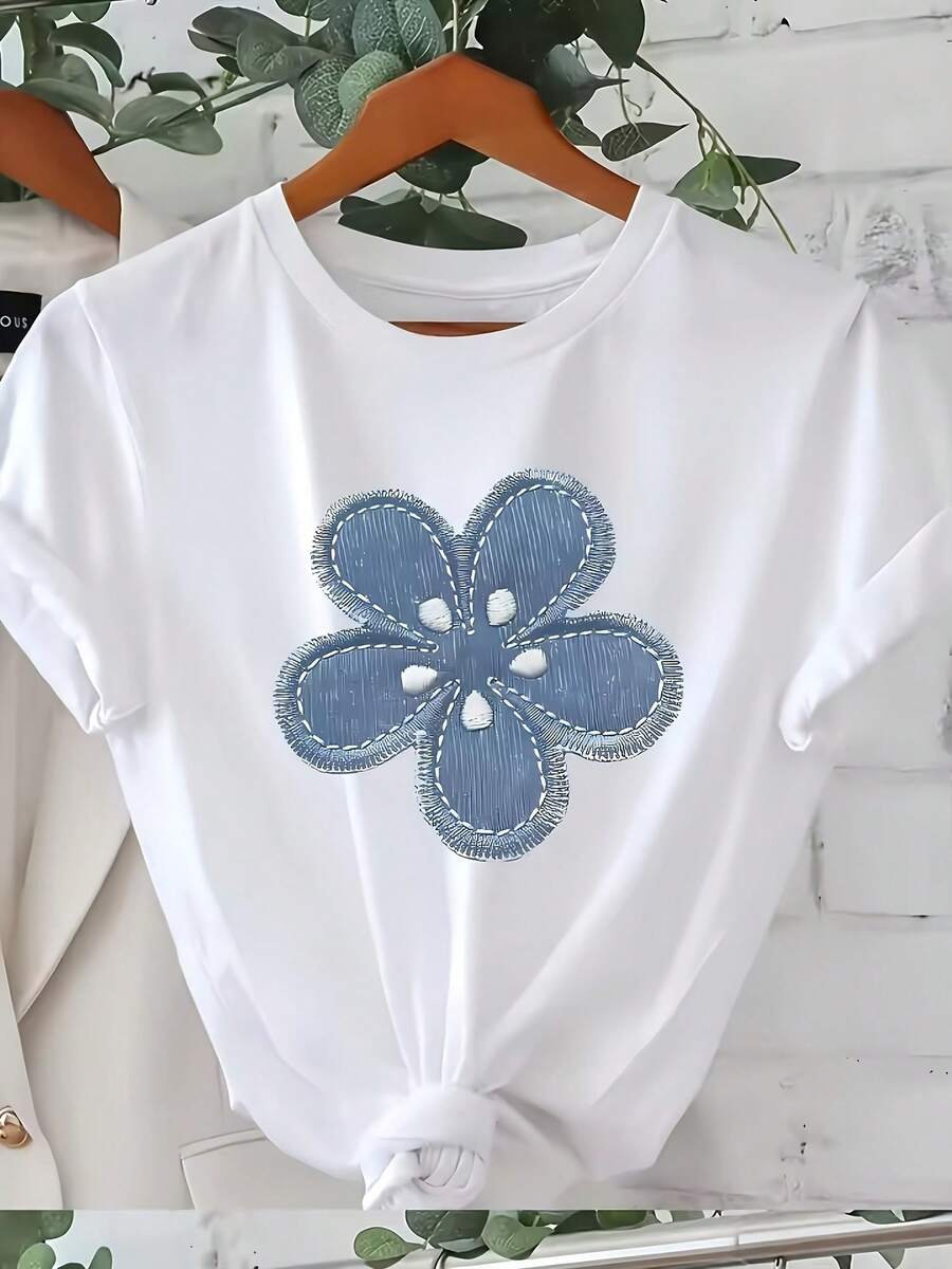 Summer New Arrival Casual White Soft Cotton Round Neck Short Sleeve T-Shirt With Blue Fringed Five-Petal Flower Print For Women Women's Fitted Short-Sleeve Tee With Fun Graphics, Perfect For Everyday & Casual Work Looks - 白色 - 查看 1