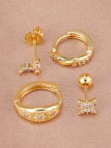 4PCS Fashion 18K Gold Plated Zirconia Round Hoop Earring Set Women Temperament Flower Ear Stud Huggie Earring Tragus Piercing Cartilage Jewelry - 1-gold-4PCS - View 4