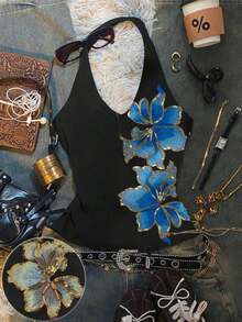 Top halter elegante y retro con bordados y lentejuelas para mujeres, perfecto para el verano.Estilo Y2K, diseño resistente, adecuado para uso diario, festivales de música, fiestas y vacaciones en la playa. - Multicolor 2 - Ver 4