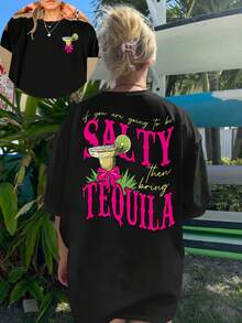 Plus Size - Plus Size - Double-Sided Printed Summer Women'S Casual Plus-Size Round Neck Drop Shoulder T-Shirt, Comfortable And Loose Oversized Printed Top Summer Tops - Black - View 2