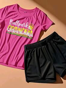 Plus Size Solid Color Short Sleeve Top & Shorts Two Piece Set Ballpark Grandma Softball Baseball Grandma Of Ballers - Pink - View 2