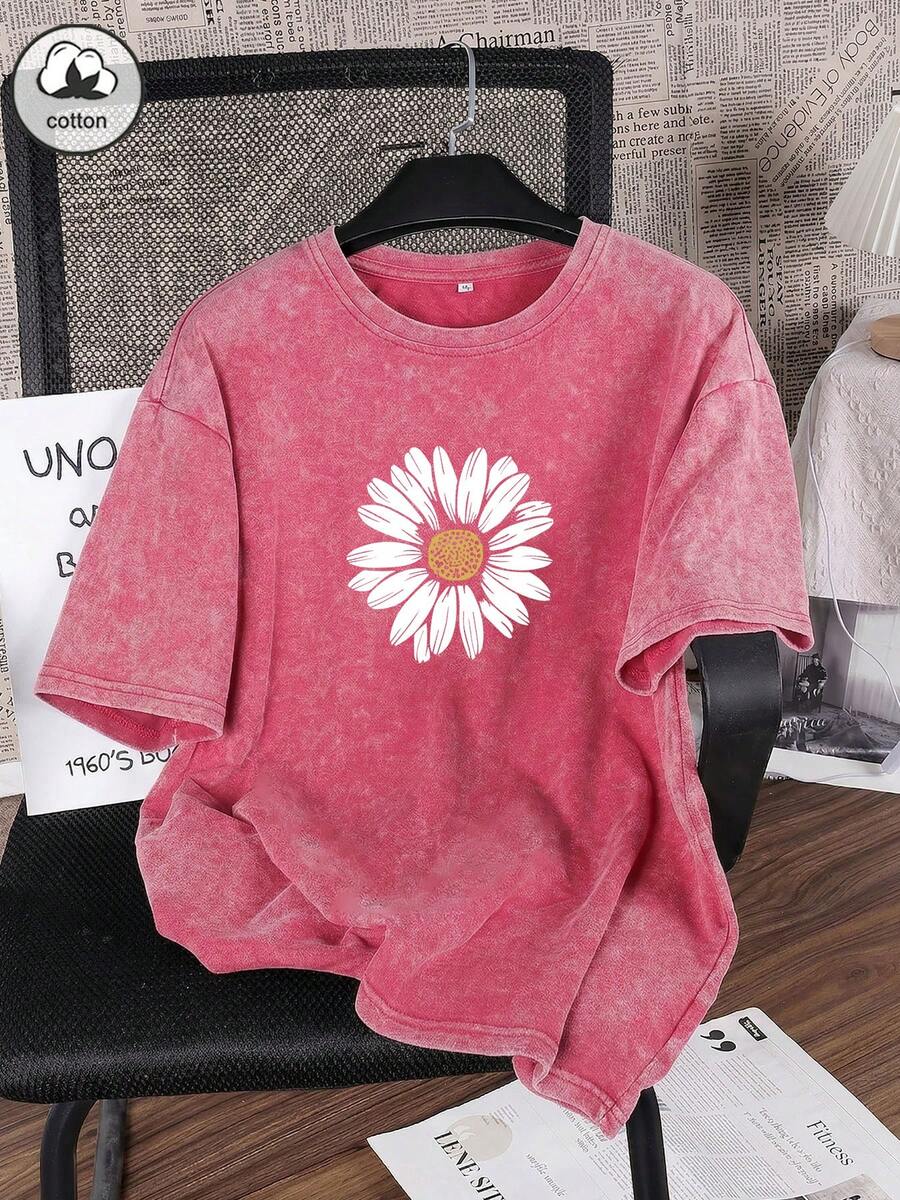 ZZG Es Trus 棉质夏季女式趣味印花嘻哈风“雏菊”图案T恤,舒适复古休闲街头风韩版时尚百搭Y2K潮流,宽松红色圆领短袖加大码水洗T恤 - 紅色 - 查看 1
