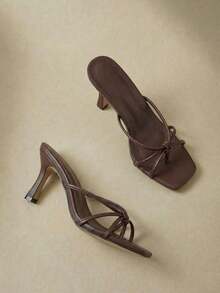 Brown Criss-Cross Strap Design Square Toe Stiletto Heel Slingback Sandals, Fashionable High Heel Mules, Comfortable Brown High Heels With Kitten Heel, Suitable For Any Formal Occasion For Women - 白色 - 查看 10