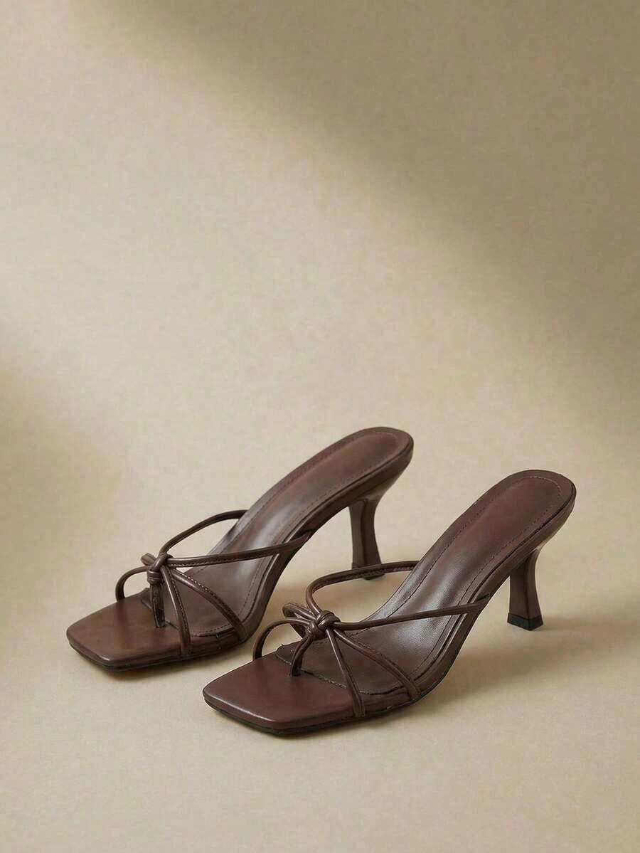 Brown Criss-Cross Strap Design Square Toe Stiletto Heel Slingback Sandals, Fashionable High Heel Mules, Comfortable Brown High Heels With Kitten Heel, Suitable For Any Formal Occasion For Women - 白色 - 查看 1