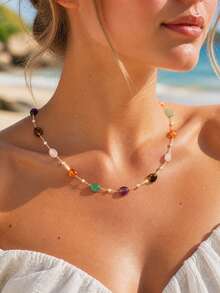 1 chiếc vòng cổ đá tự nhiên và ngọc trai cầu vồng có thể điều chỉnh, vòng cổ choker nhiều lớp kiểu Bohemian, đa năng cho đeo hàng ngày, đi biển, đi nghỉ mát. - Nhiều màu - Xem 2